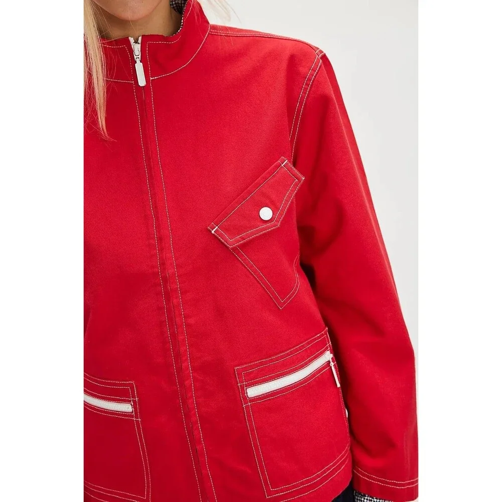 Free People We The Free Top Down Jacket Drawcord Red Cotton Zipup XS New 285696